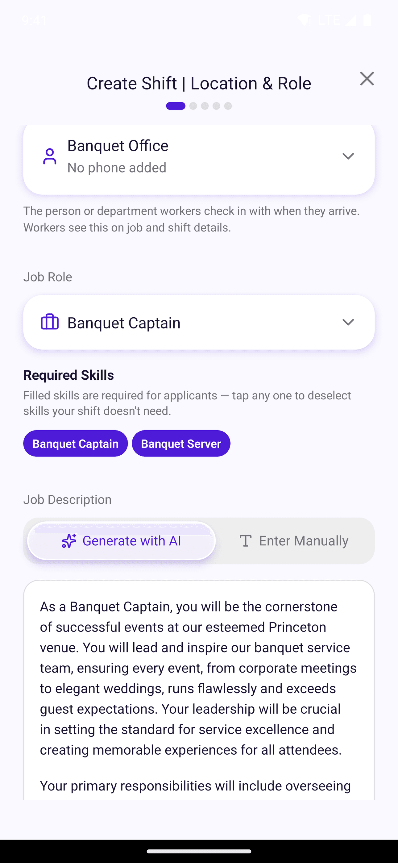 SquadCompass Create Shift — location, check-in contact, job role, required skills, and an AI-written job description