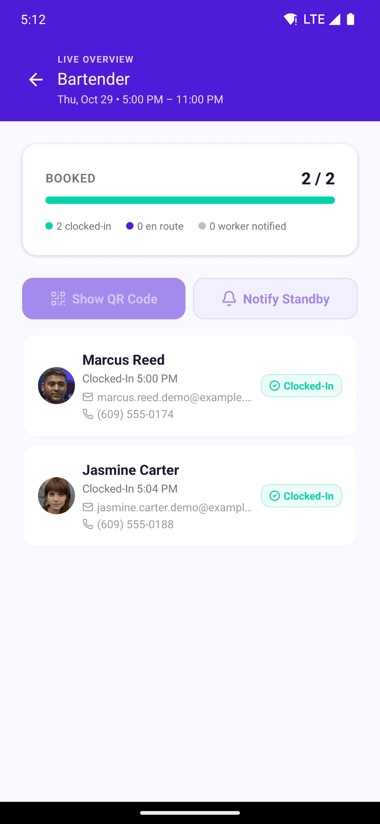 SquadCompass Live Overview — booked and clocked-in counts, each worker's clock-in time, and their contact details